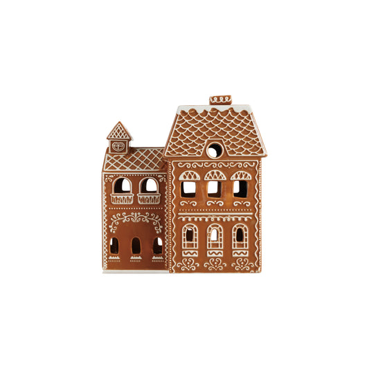 Hand-Painted Ceramic Gingerbread House with Embossed Design, Brown & White