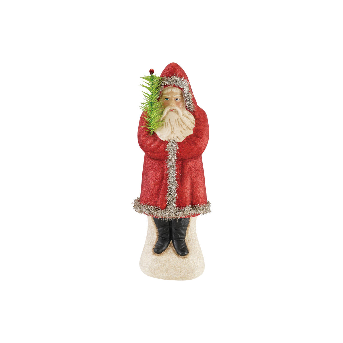 Decorative figure of a Santa Claus holding a Christmas tree on a white background
