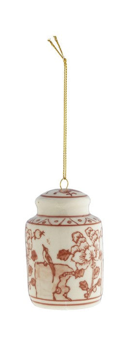 Stoneware Ginger Jar Ornament, Burgundy & White
