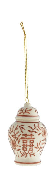 Stoneware Ginger Jar Ornament, Burgundy & White