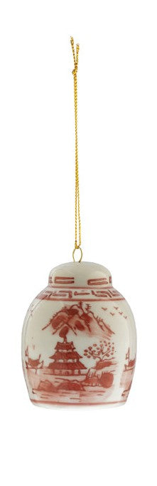 Stoneware Ginger Jar Ornament, Burgundy & White