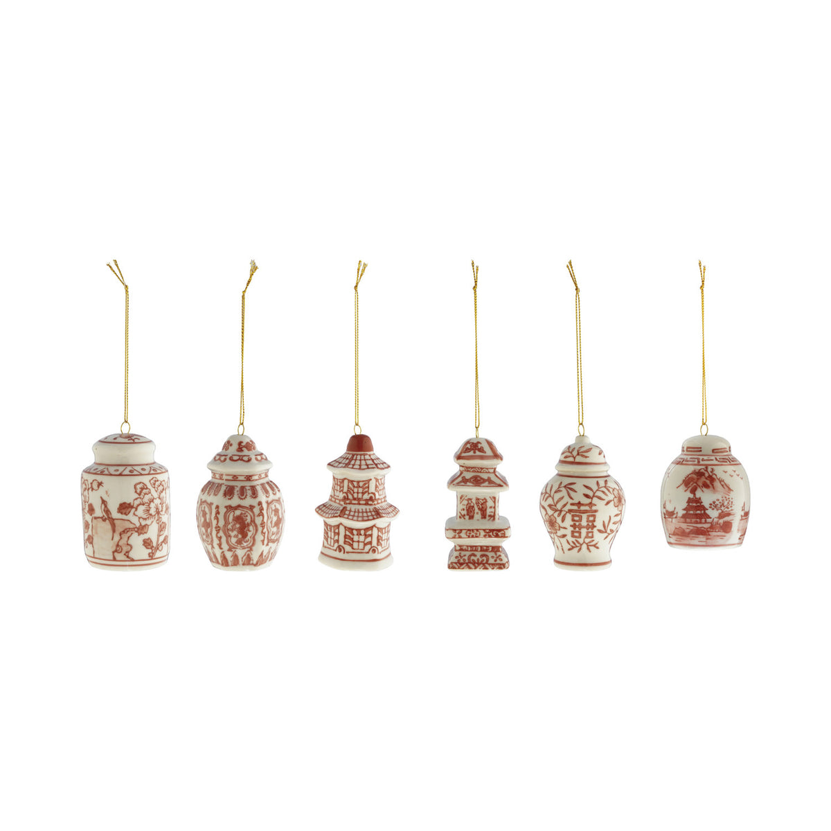 six decorative Chinese lantern ornaments on a white background
