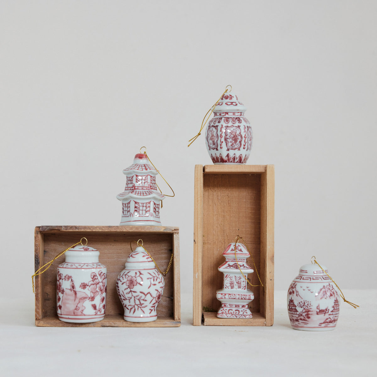 Stoneware Ginger Jar Ornament, Burgundy & White