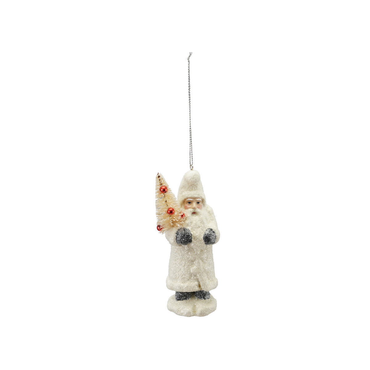 White figurine of a man holding a white christmas tree with a handle on a white background