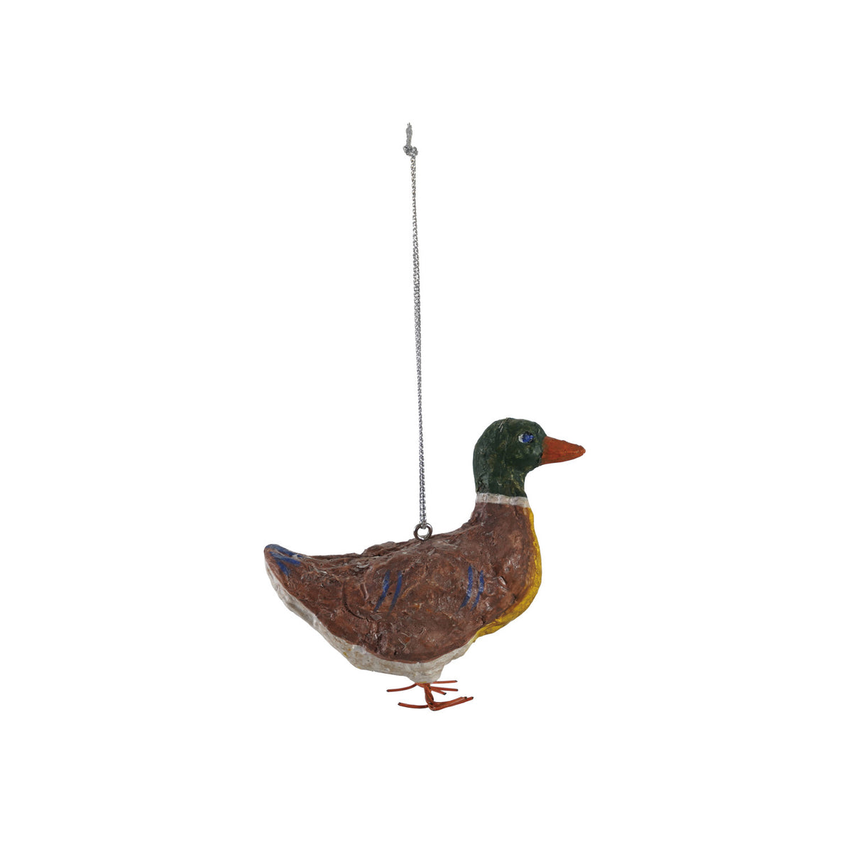 Decorative duck ornament hanging on a white background