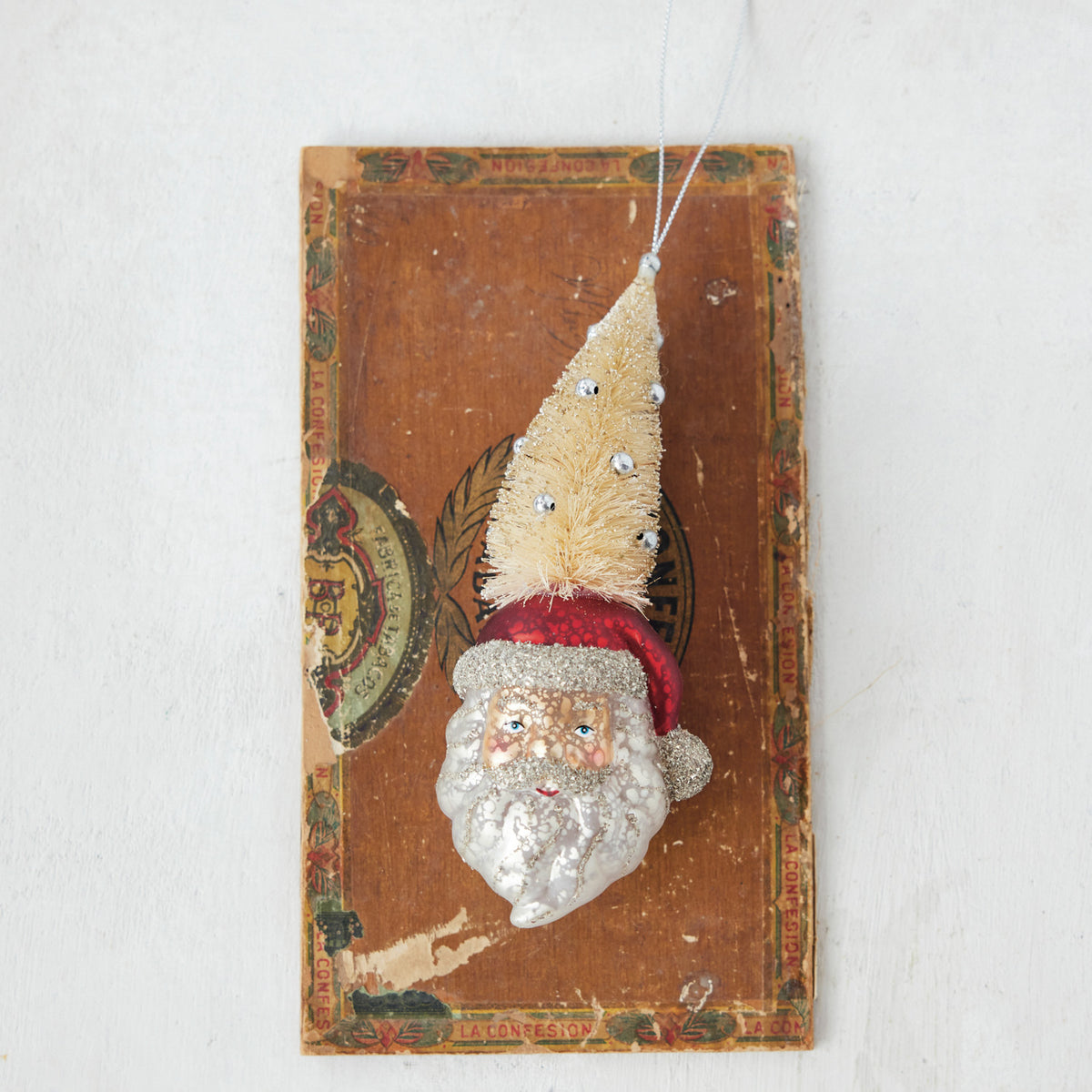 Hand-Painted Mercury Glass Santa Head Ornament with Bottle Brush Tree, Ornaments & Glitter