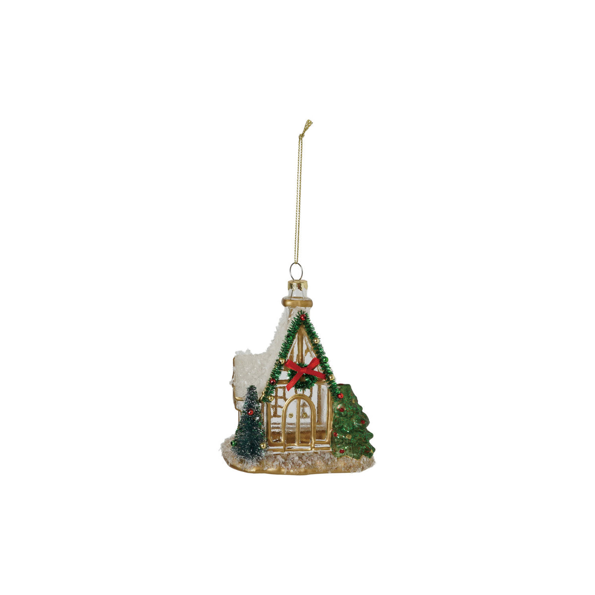Christmas ornament shaped like a small house with a red bow, trees, and snow on a white background.