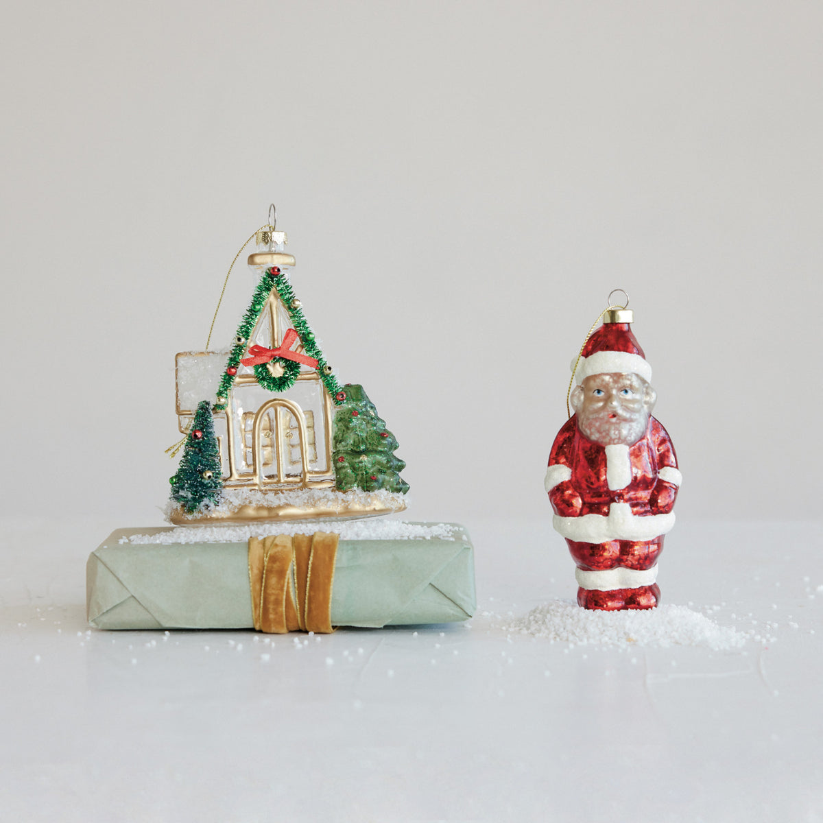 Hand-Painted Glass Chapel Ornament with Bottle Brush Tree, Tinsel Wreath & Glitter