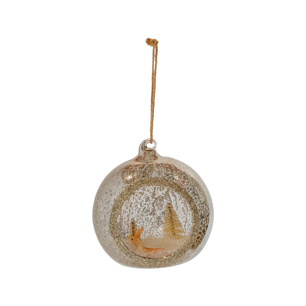 Mercury Glass Diorama Ornament with Deer, Bottle Brush Trees & Glitter, Beige & White