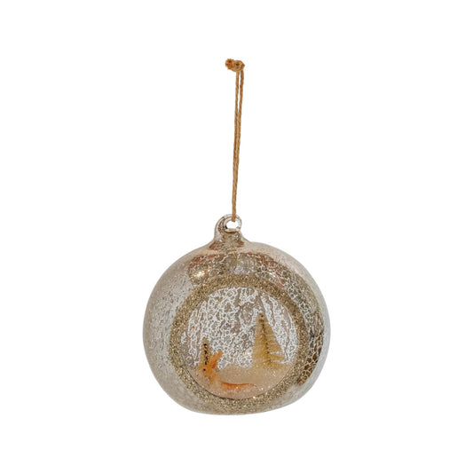 Mercury Glass Diorama Ornament with Deer, Bottle Brush Trees & Glitter, Beige & White