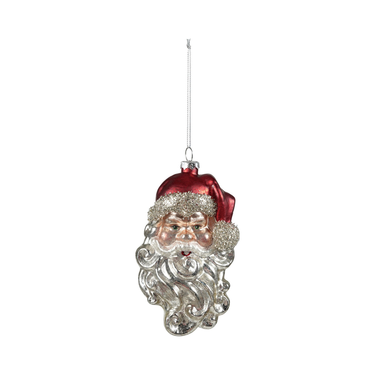 Decorative Christmas ornament shaped like a Santa Claus face with a red hat on a white background