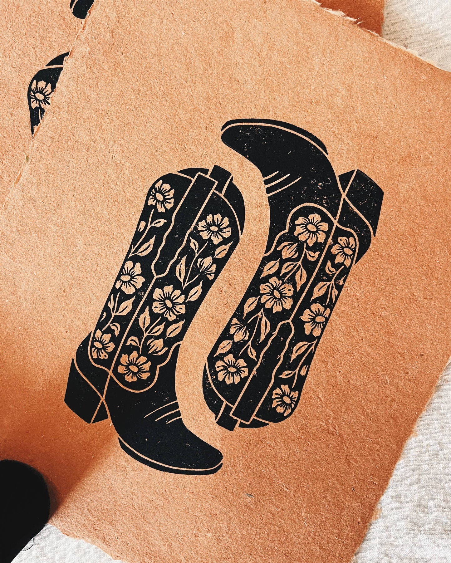 8x10 Cowboy Boots Floral Block Print on Handmade Paper
