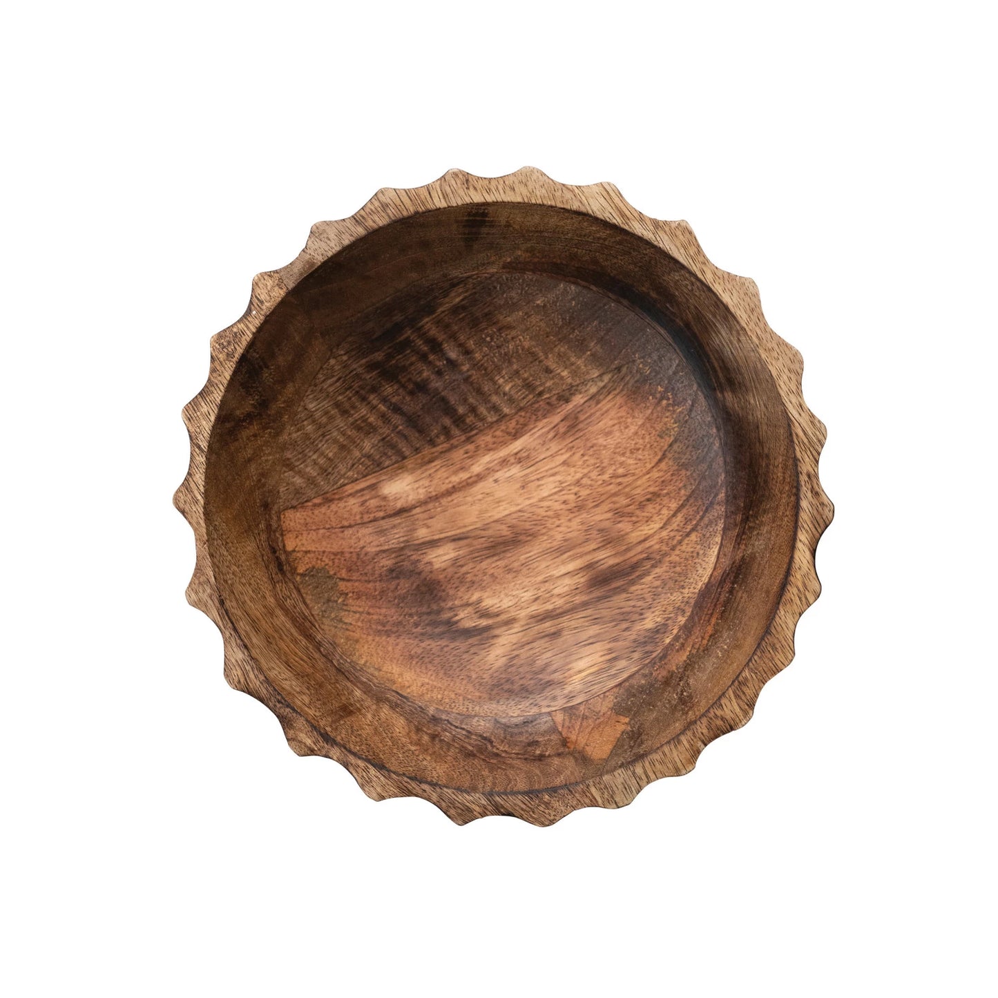 9-1/2" Round x 3-1/2"H Hand-Carved Mango Wood Footed Bowl w/ Scalloped Edge, Burnt Finish