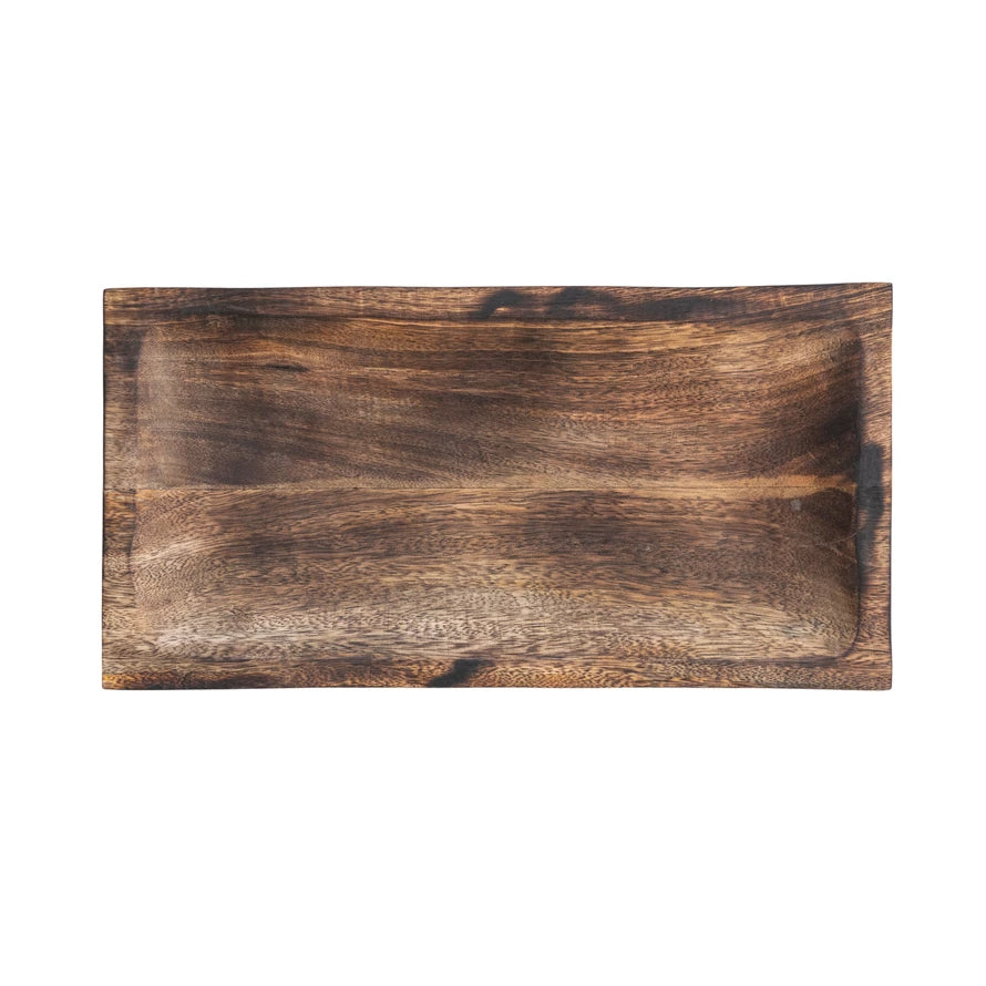 15"L x 7-3/4"W Hand-Carved Mango Wood Tray, Burnt Finish