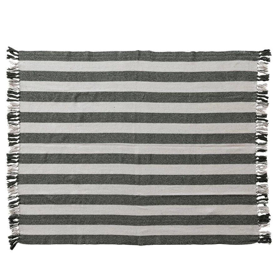 Woven Recycled Cotton Striped Throw with Fringe, Natural & Green