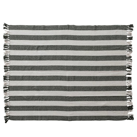 Woven Recycled Cotton Striped Throw with Fringe, Natural & Green