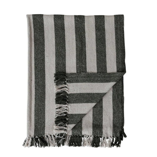 Woven Recycled Cotton Striped Throw with Fringe, Natural & Green
