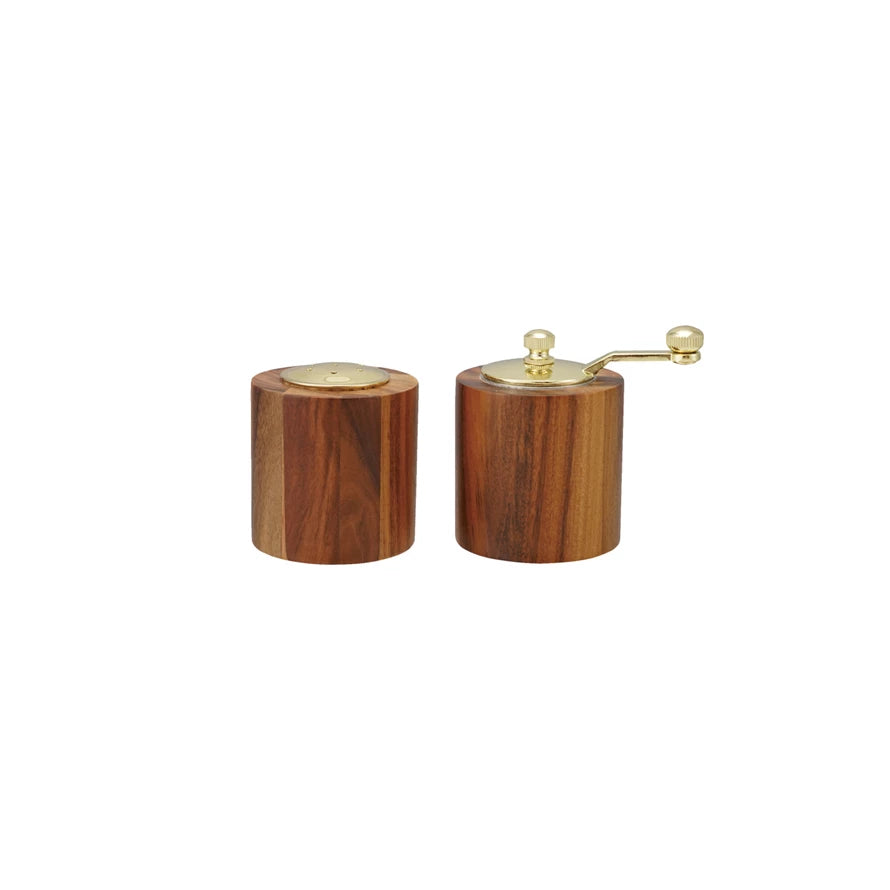 Acacia Wood Salt Shaker & Pepper Mill, Natural & Gold Finish, Sold as Set