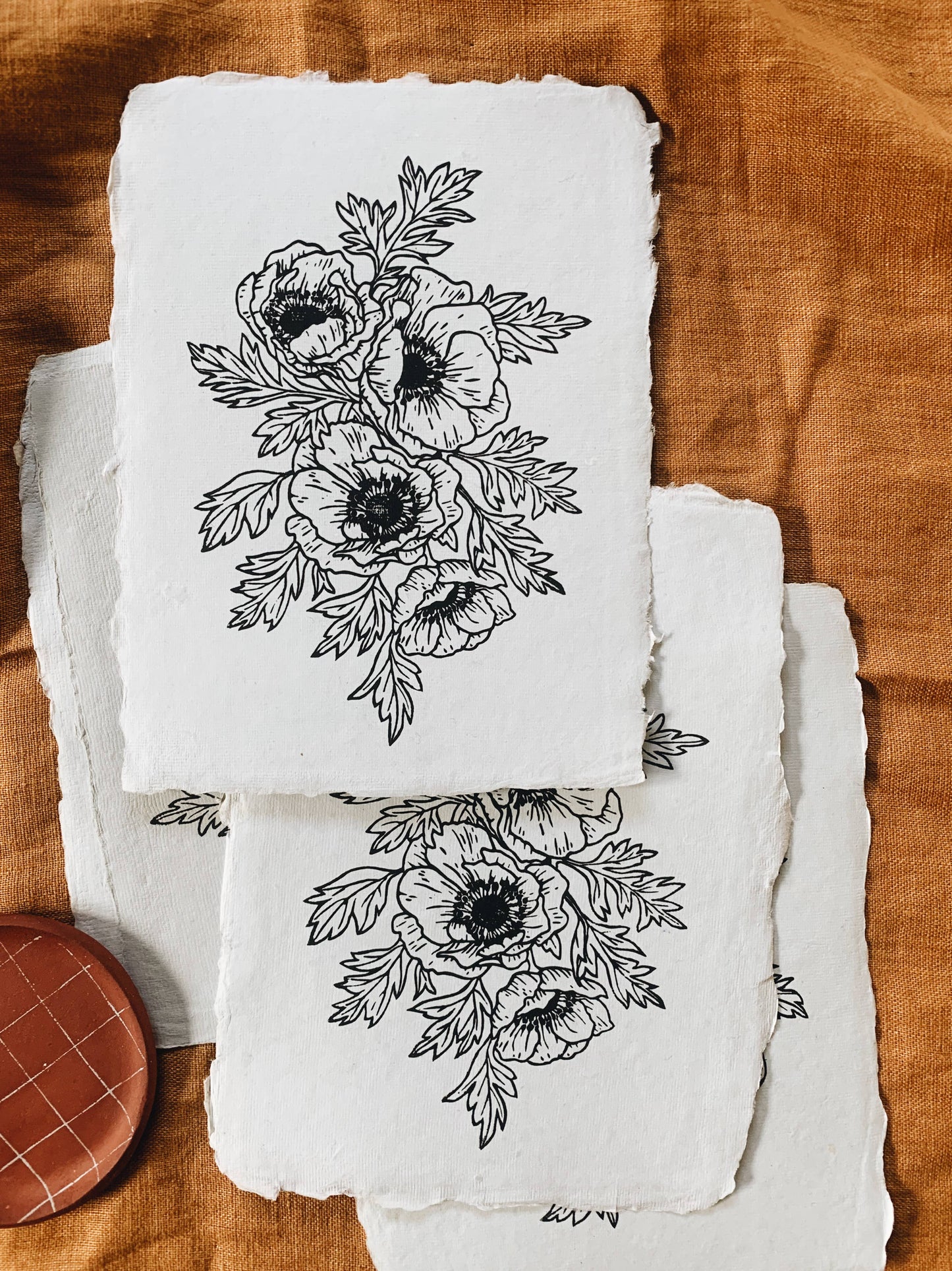 5x7 Anemone Block Print on Blue Handmade Paper