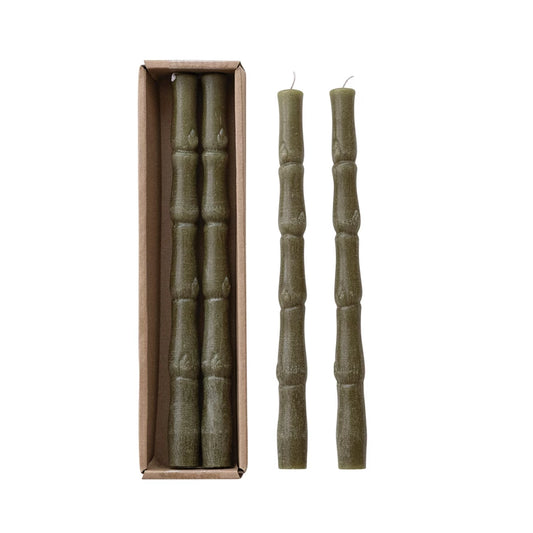 Unscented Bamboo Shaped Taper Candles in Box, Olive Color, Set of 2