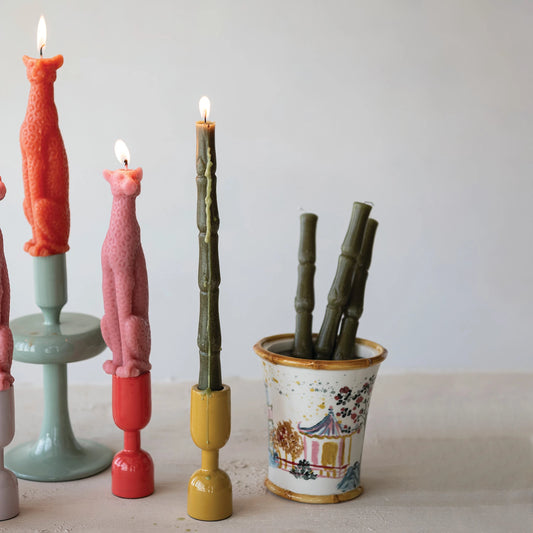 Unscented Bamboo Shaped Taper Candles in Box, Olive Color, Set of 2