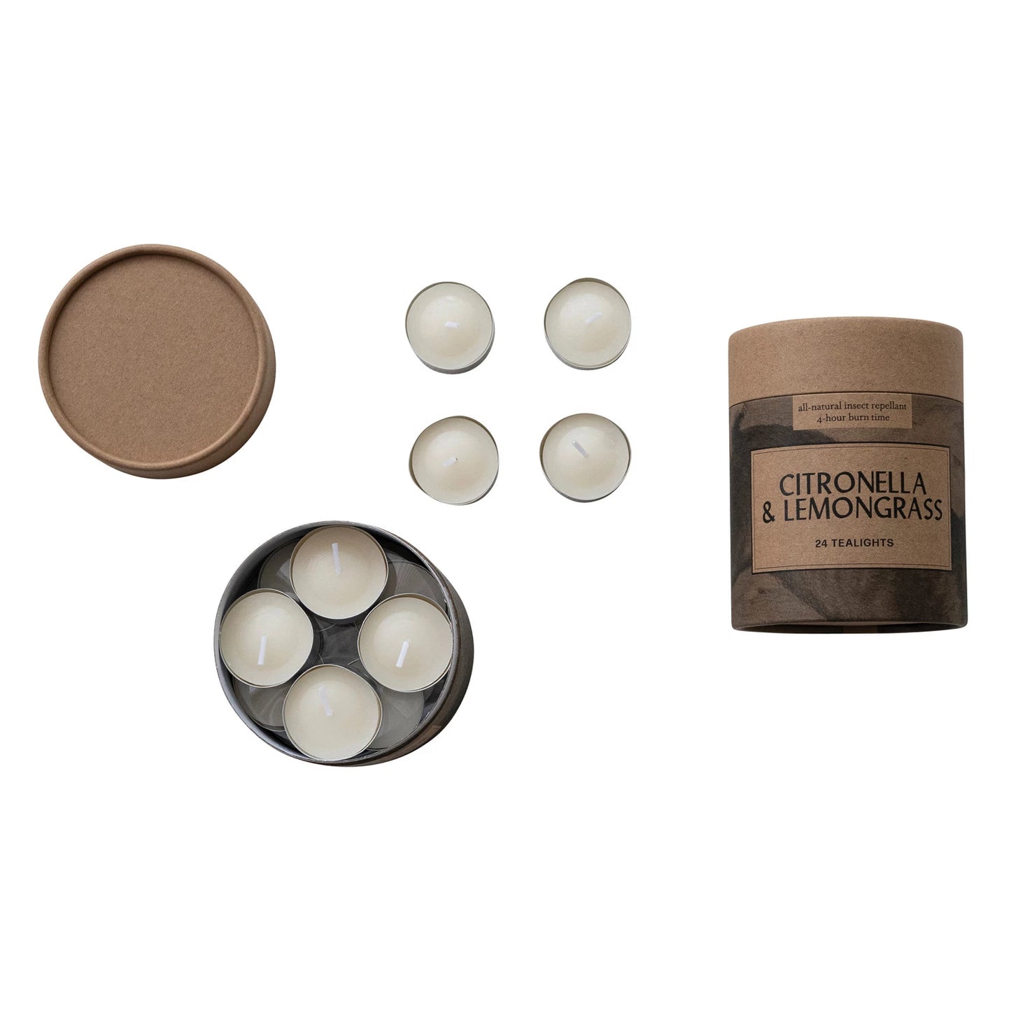 Citronella & Lemongrass Scented Tealights in Box, Natural, Set of 24