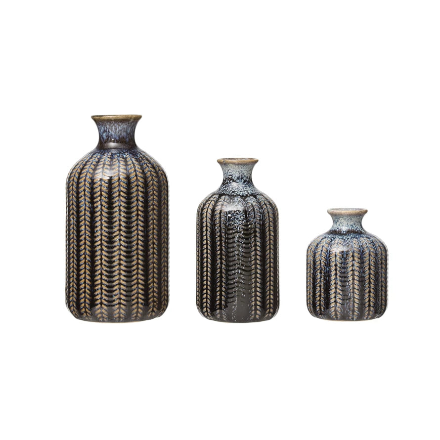 Embossed Stoneware Vases with Glaze, Blue