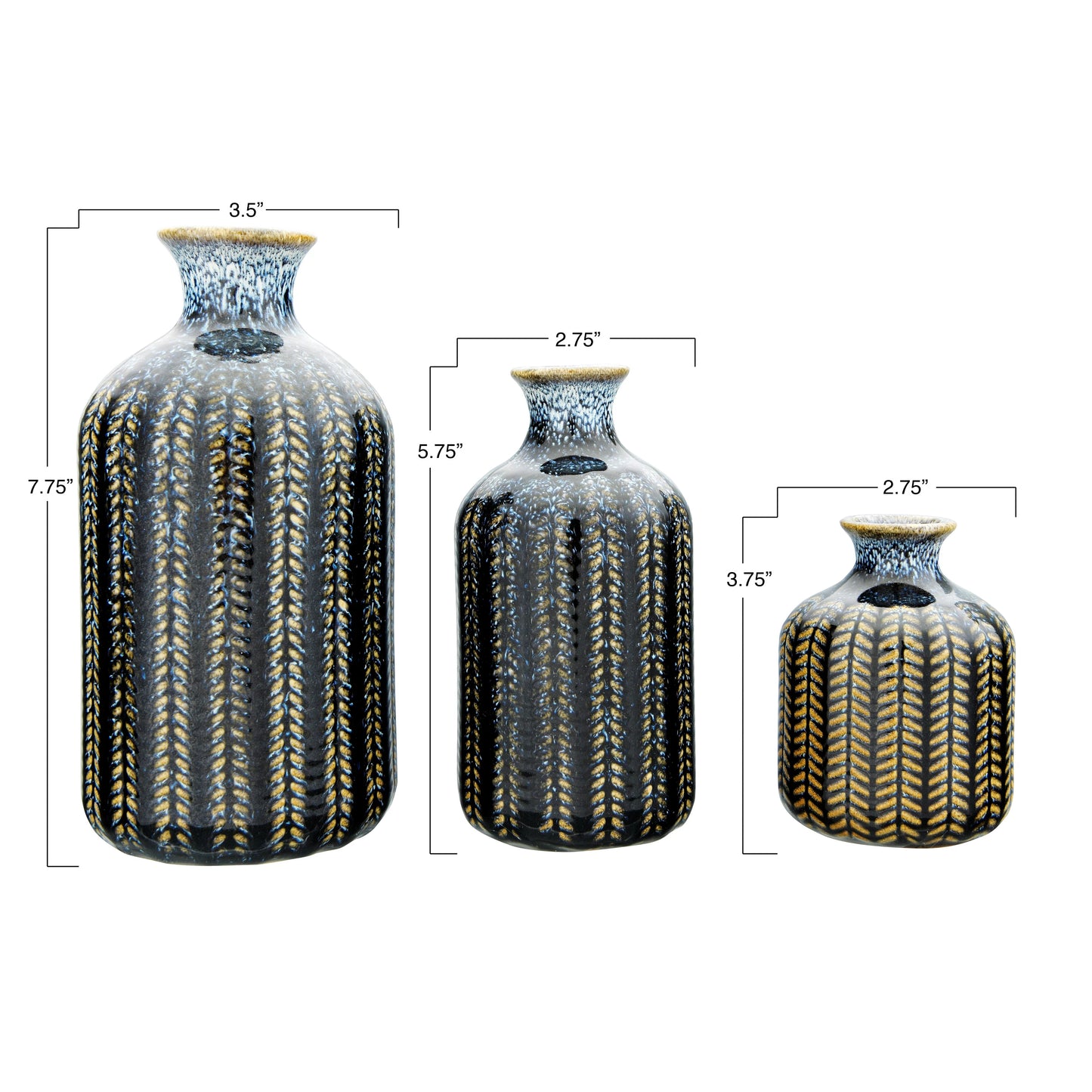 Embossed Stoneware Vases with Glaze, Blue