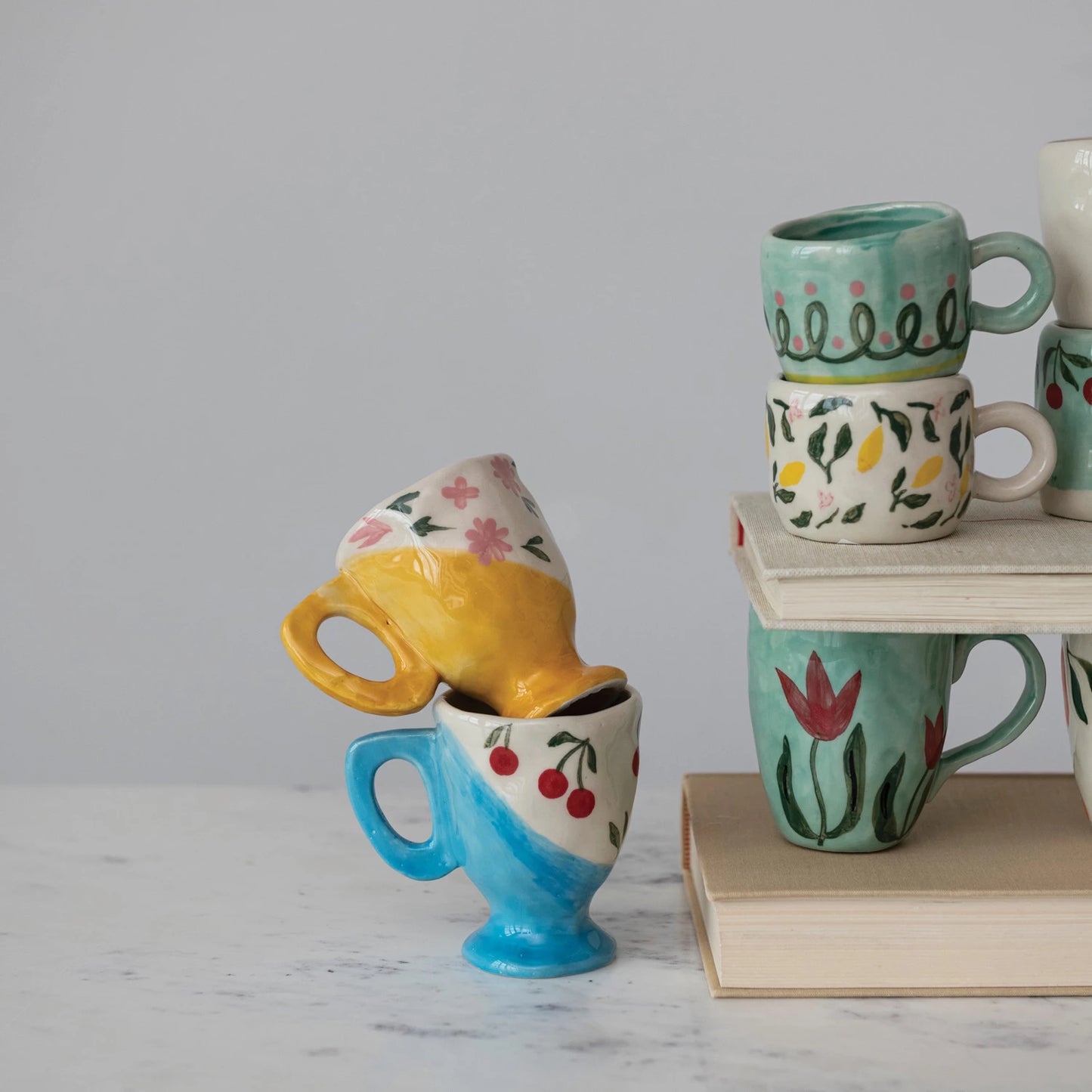 3 - 6 oz. Hand-Painted Stoneware Espresso/Child's Mug, 8 Styles (Each One Will Vary)