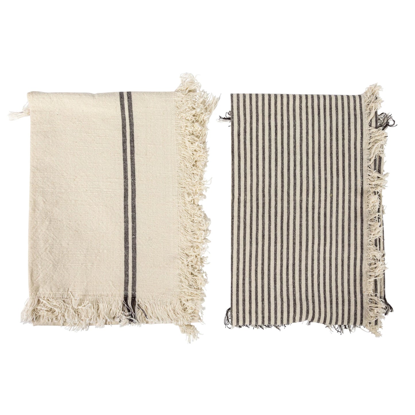 28"L x 18"W Woven Cotton Tea Towels w/ Stripes & Fringe, Set of 2