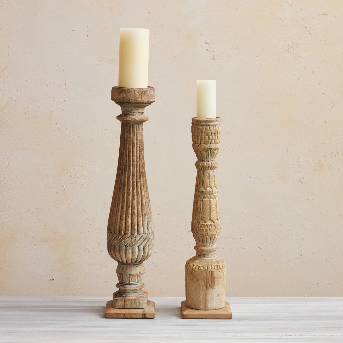 Found Carved Mango Wood Pillar Holder (Holds 3" Pillar) (Each One Will Vary)