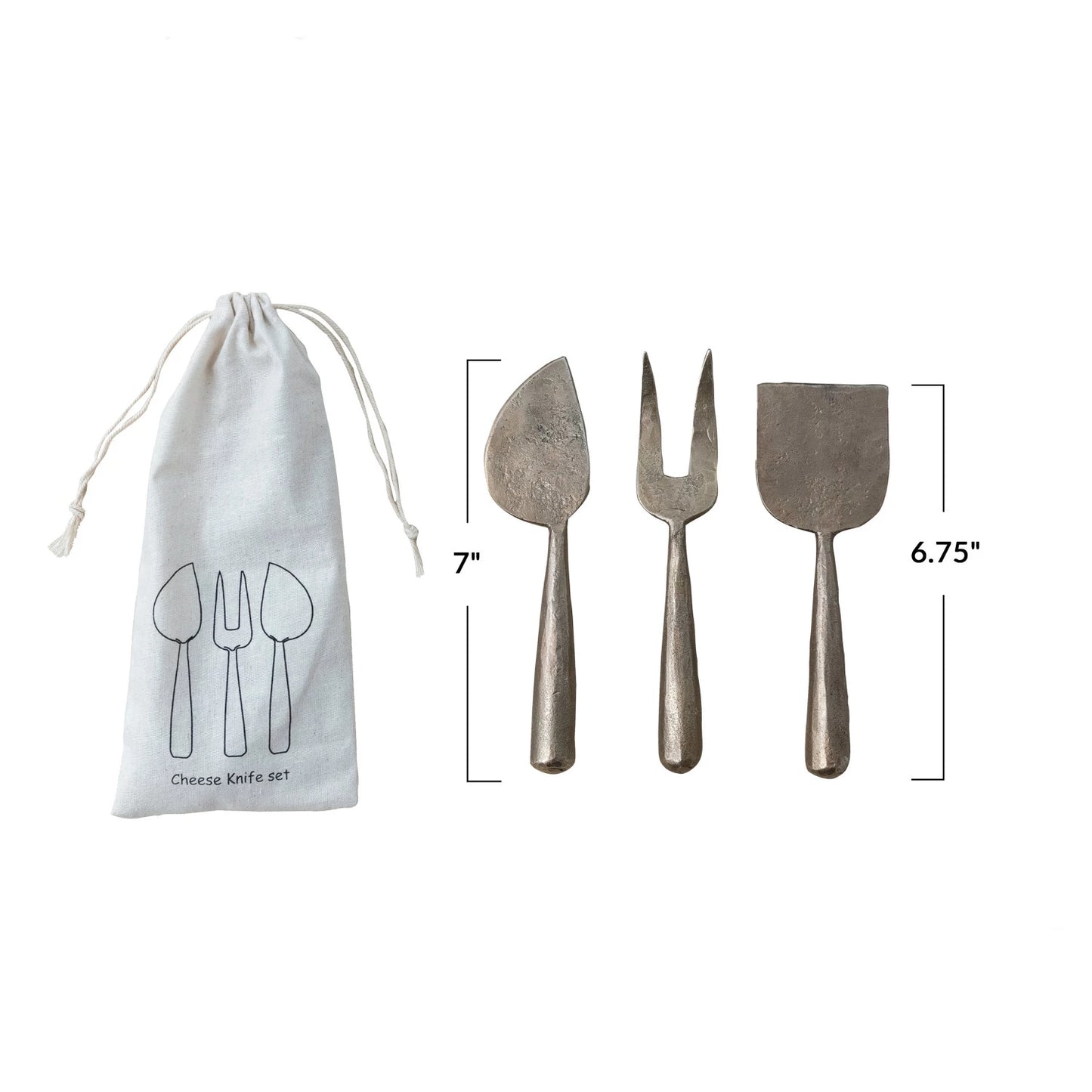 Hand-Forged Metal Cheese Servers, Set of 3 in Drawstring Bag