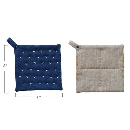 Cotton Slub Pot Holder w/ Kantha Stitch, 2 Styles