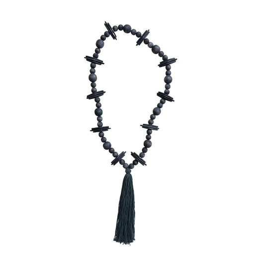 Oak Wood Beads w/ Cotton Tassel, Black