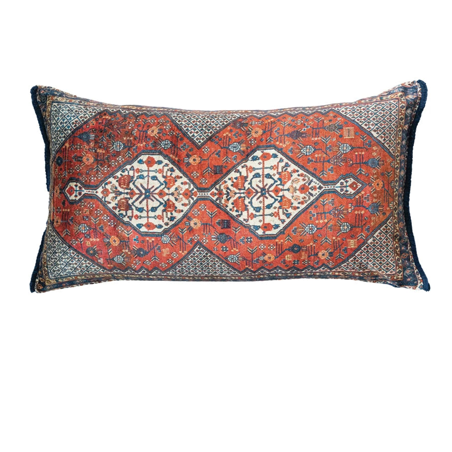 Cotton Blend Velvet Printed Lumbar Pillow w/ Fringe