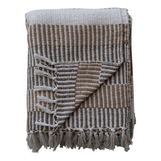 Woven Recycled Cotton Blend Throw with Stripes & Fringe