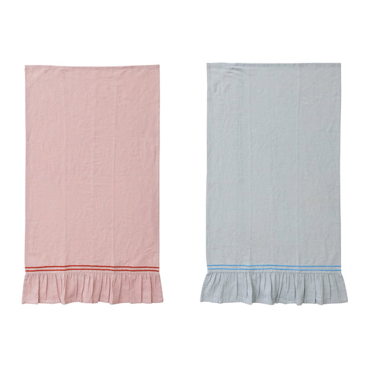 Cotton & Linen Tea Towel w/ Embroidered Stripes & Ruffle, 2 Colors
