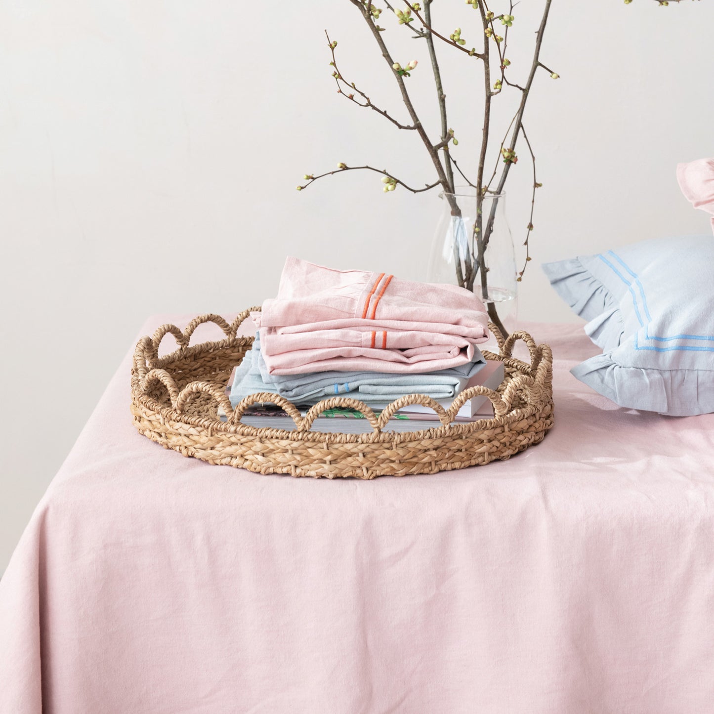 Cotton & Linen Tea Towel w/ Embroidered Stripes & Ruffle, 2 Colors