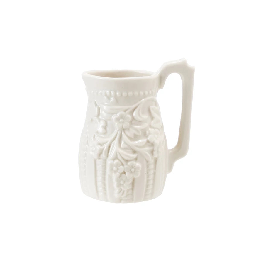 2 oz. Embossed Stoneware Vintage Reproduction Creamer, White