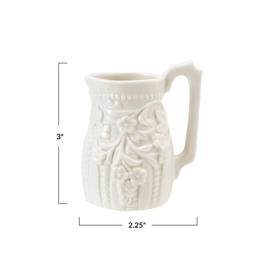 2 oz. Embossed Stoneware Vintage Reproduction Creamer, White
