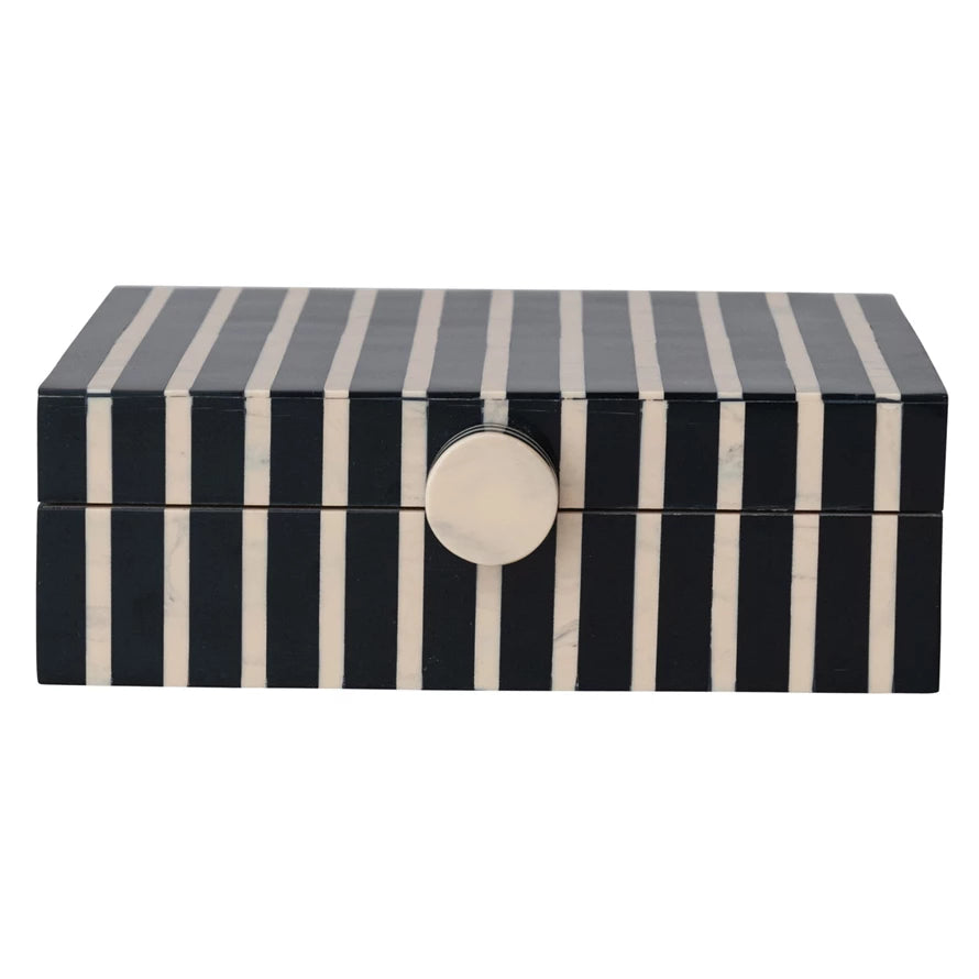 Handmade Mango Wood & Resin Striped Box w/ Knob, Black, Tan Color & Natural