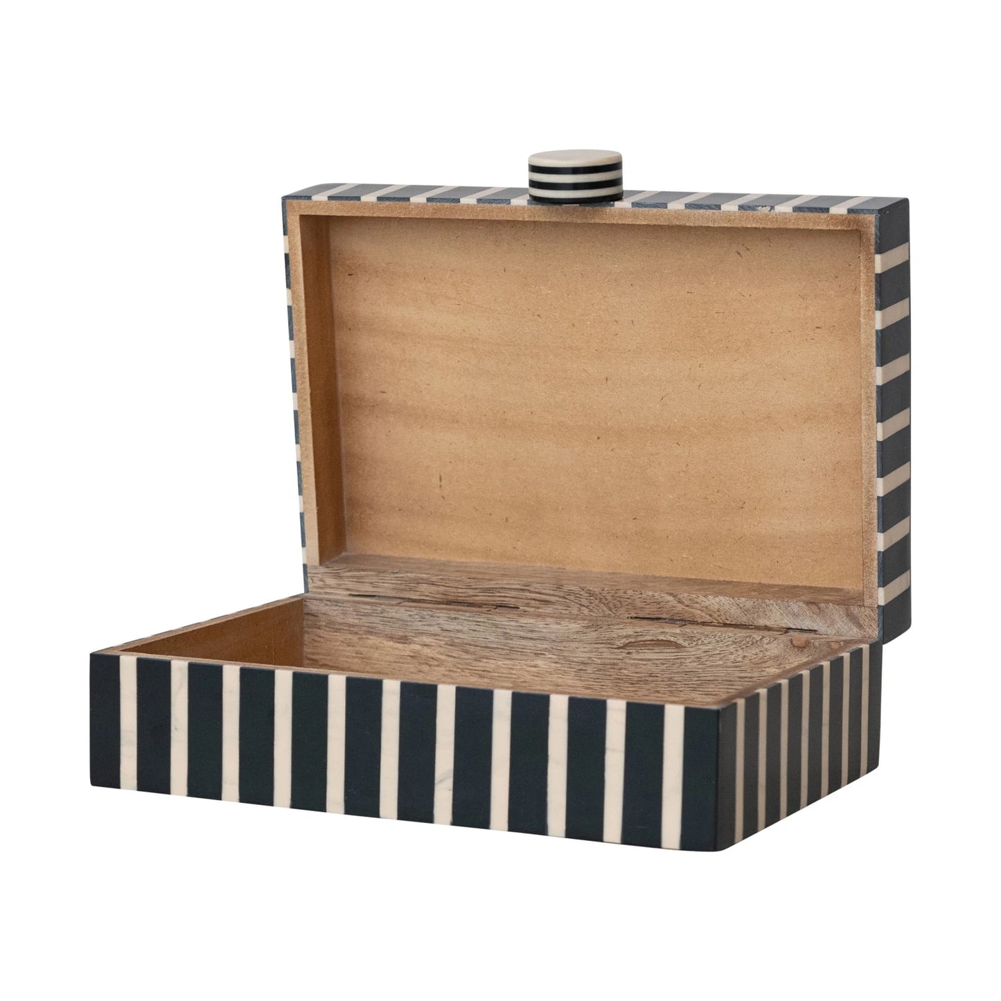 Handmade Mango Wood & Resin Striped Box w/ Knob, Black, Tan Color & Natural