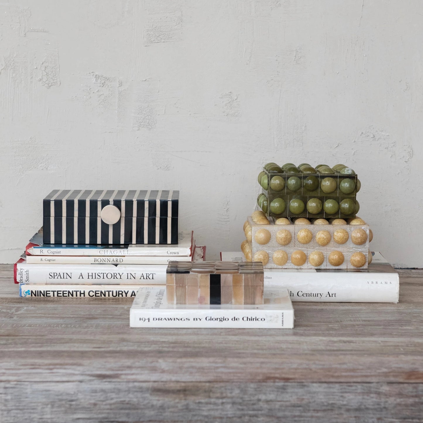 Handmade Mango Wood & Resin Striped Box w/ Knob, Black, Tan Color & Natural