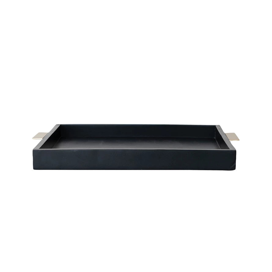 Mango Wood Tray with Metal Handles, Black & Gold Finish