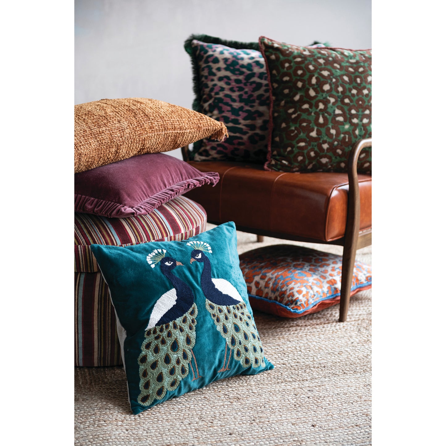 20" Square Cotton Velvet Pillow with Leopard Print Pattern & Tufted Fringe