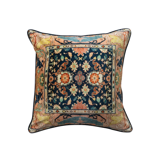 20" Square Cotton Velvet Pillow with Vintage Carpet Pattern & Piping