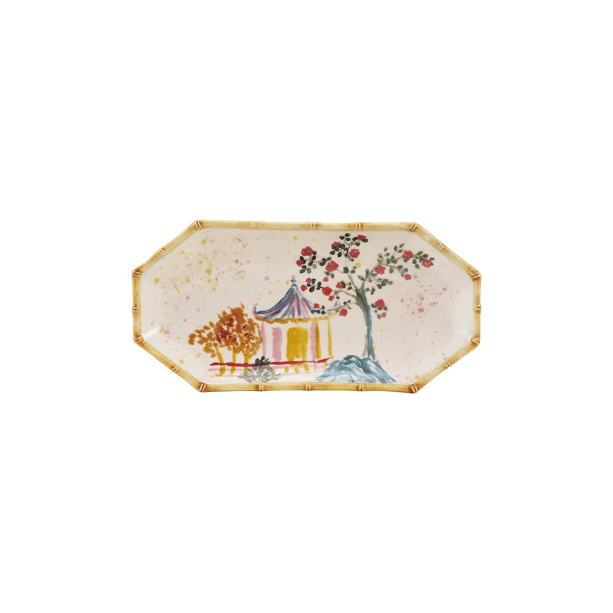 Hand-Painted Stoneware Octagon Shaped Plate with House, Tree & Bamboo Style Edge