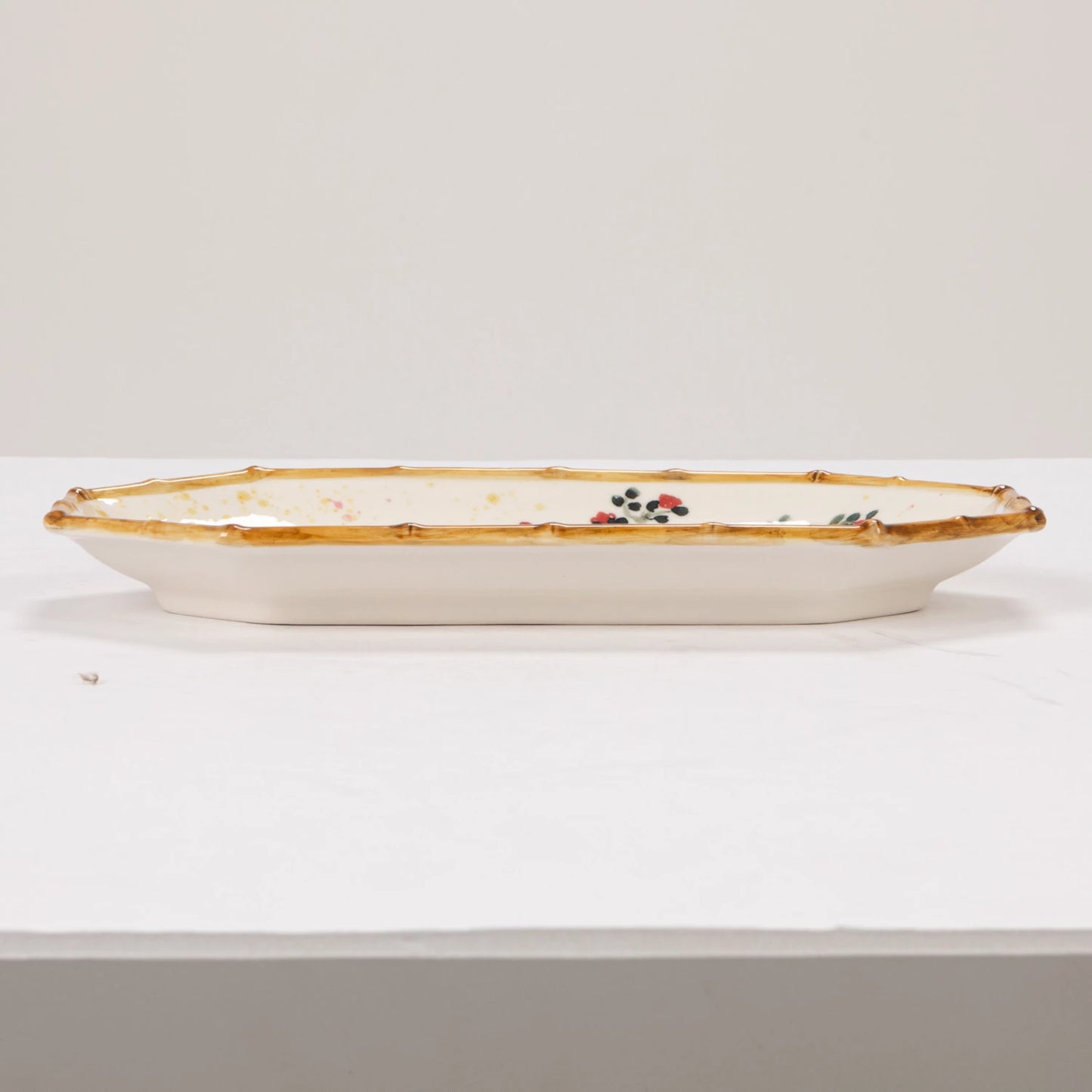 Hand-Painted Stoneware Octagon Shaped Plate with House, Tree & Bamboo Style Edge