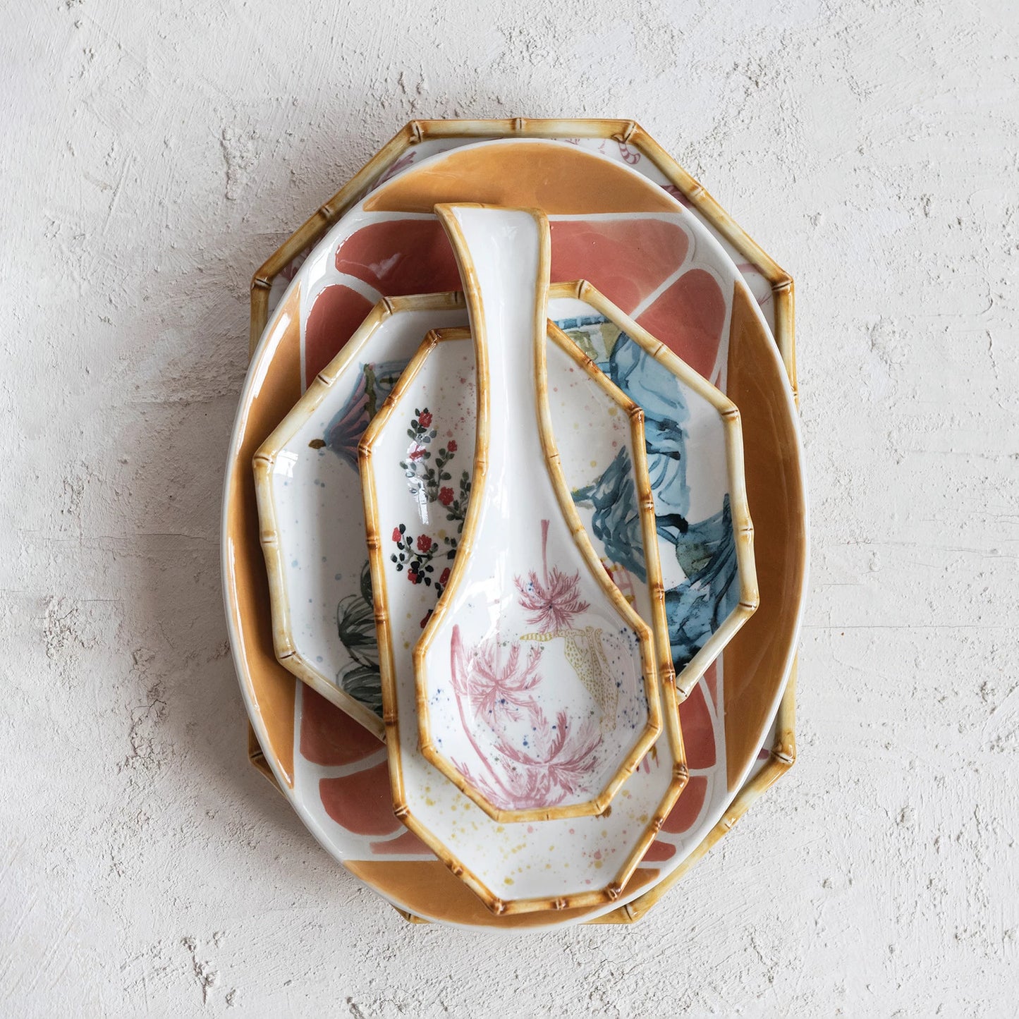 Hand-Painted Stoneware Octagon Shaped Plate with House, Tree & Bamboo Style Edge