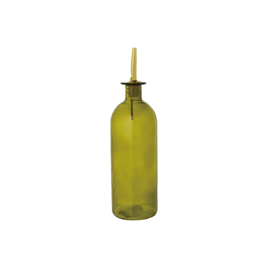 Oil Cruet w Metal Stopper, Olive Color & Gold Finish 16 oz.
